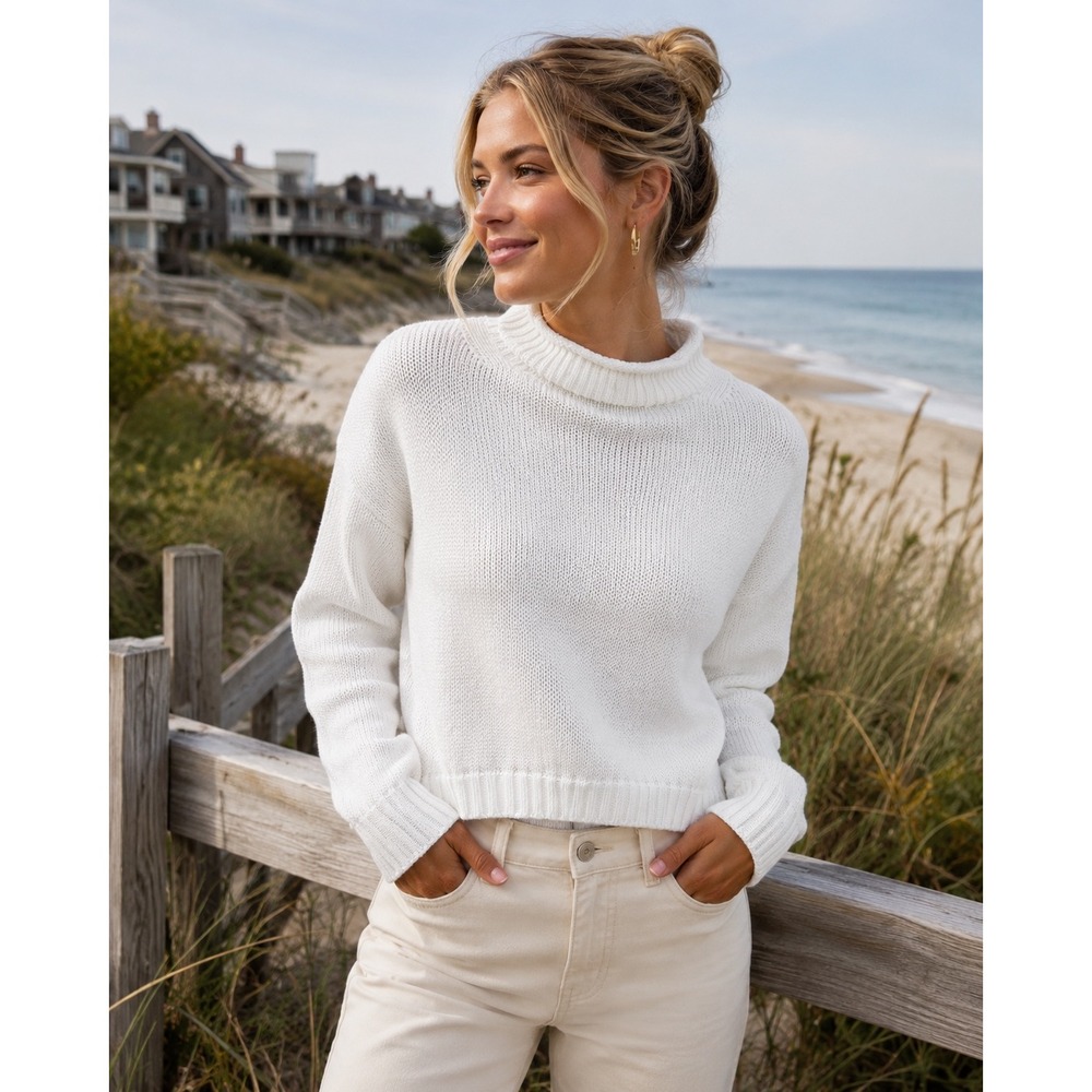 J. Crew Womens White Rollneck Cropped Cotton Sweater Shaker Stitch Small Coastal